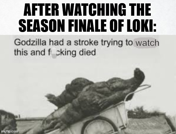 This episode was crazy! | AFTER WATCHING THE SEASON FINALE OF LOKI:; watch | image tagged in godzilla had a stroke trying to read this and f king died,loki | made w/ Imgflip meme maker
