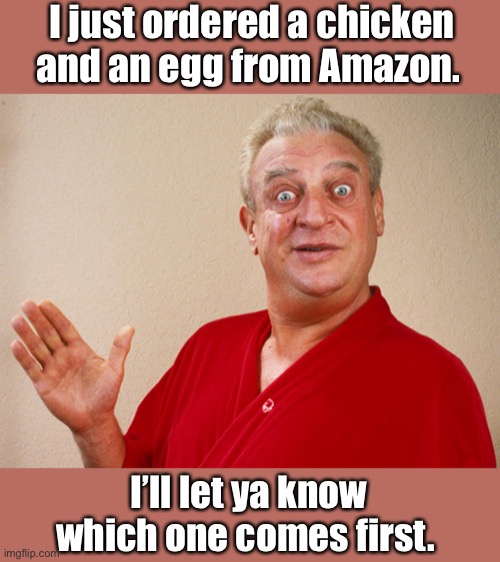 We will finally have an answer. | I just ordered a chicken and an egg from Amazon. I’ll let ya know which one comes first. | image tagged in rodney dangerfield for pres,dad jokes,stupid memes,crappy memes | made w/ Imgflip meme maker