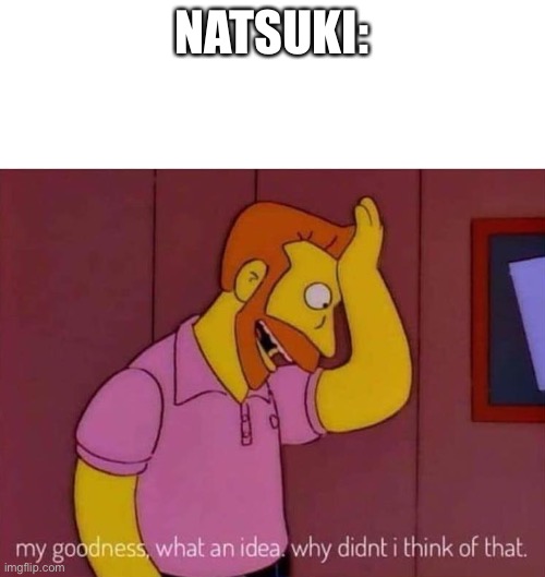my goodness what an idea why didn't I think of that | NATSUKI: | image tagged in my goodness what an idea why didn't i think of that | made w/ Imgflip meme maker