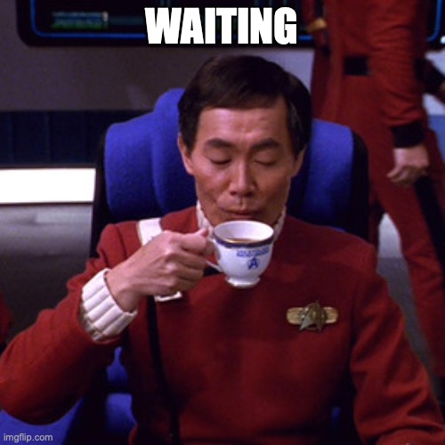 Sulu sipping tea | WAITING | image tagged in sulu sipping tea | made w/ Imgflip meme maker