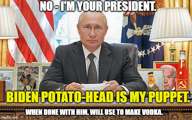 United States President Vladimir Putin | BIDEN POTATO-HEAD IS MY PUPPET. NO - I'M YOUR PRESIDENT. WHEN DONE WITH HIM, WILL USE TO MAKE VODKA. | image tagged in united states president vladimir putin | made w/ Imgflip meme maker