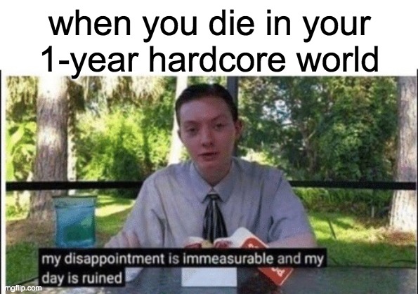 My dissapointment is immeasurable and my day is ruined | when you die in your 1-year hardcore world | image tagged in my dissapointment is immeasurable and my day is ruined | made w/ Imgflip meme maker