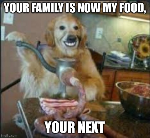 Meat | YOUR FAMILY IS NOW MY FOOD, YOUR NEXT | image tagged in meat dog | made w/ Imgflip meme maker
