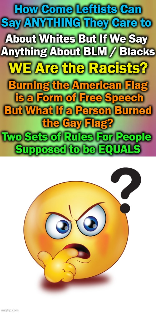 Some Animals Are More Equal Than Others... | How Come Leftists Can
Say ANYTHING They Care to; About Whites But If We Say 
Anything About BLM / Blacks; WE Are the Racists? Burning the American Flag 
is a Form of Free Speech
But What If a Person Burned 
the Gay Flag? Two Sets of Rules For People 
Supposed to be EQUALS | image tagged in politics,liberal hypocrisy,inequality,liberal vs conservative,liberalism | made w/ Imgflip meme maker