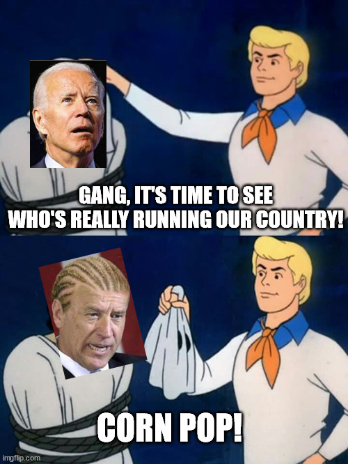 Scooby doo mask reveal | GANG, IT'S TIME TO SEE WHO'S REALLY RUNNING OUR COUNTRY! CORN POP! | image tagged in scooby doo mask reveal | made w/ Imgflip meme maker