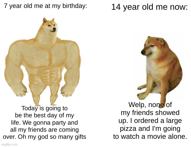 I hate growing up | 7 year old me at my birthday:; 14 year old me now:; Welp, none of my friends showed up. I ordered a large pizza and I'm going to watch a movie alone. Today is going to be the best day of my life. We gonna party and all my friends are coming over. Oh my god so many gifts | image tagged in memes,buff doge vs cheems,fun,my birthday,sad | made w/ Imgflip meme maker