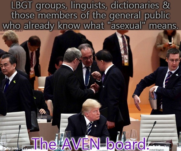 Good luck changing the definition. |  LBGT groups, linguists, dictionaries &
those members of the general public
who already know what "asexual" means. The AVEN board. | image tagged in alone in a crowd,asexual,website,arrogance,you keep using that word | made w/ Imgflip meme maker