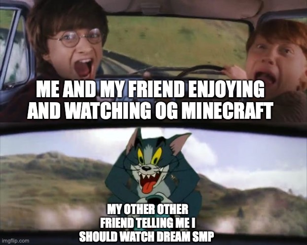 This is true, like really this keeps happening to me | ME AND MY FRIEND ENJOYING AND WATCHING OG MINECRAFT; MY OTHER OTHER FRIEND TELLING ME I SHOULD WATCH DREAM SMP | image tagged in tom chasing harry and ron weasly | made w/ Imgflip meme maker