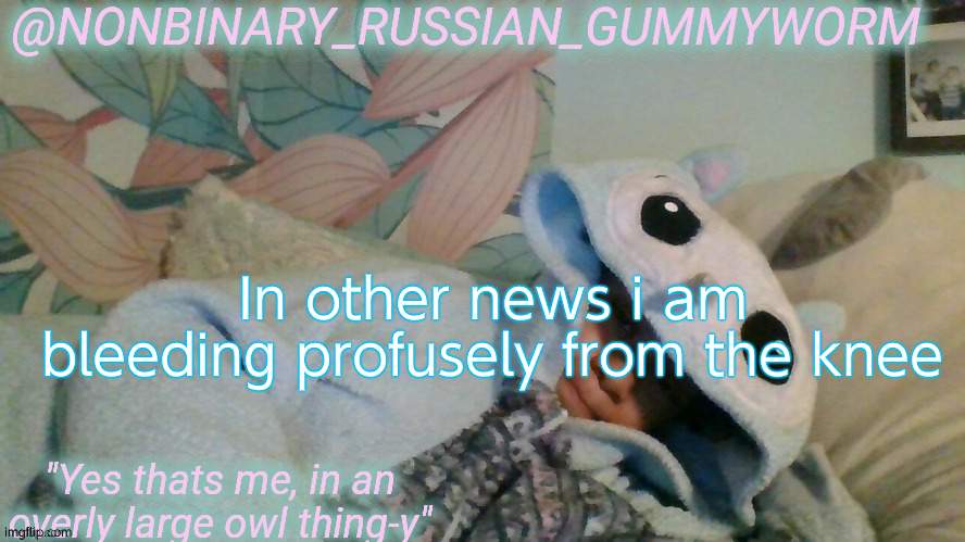 it hurtss | In other news i am bleeding profusely from the knee | image tagged in gummyworm's overly large owl thingy temp | made w/ Imgflip meme maker