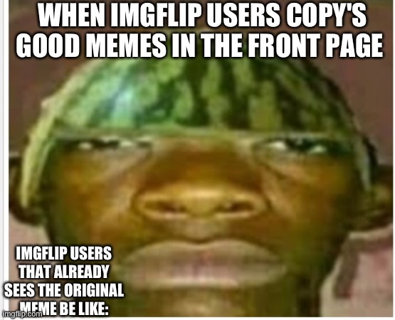 And that's a fact | WHEN IMGFLIP USERS COPY'S GOOD MEMES IN THE FRONT PAGE; IMGFLIP USERS THAT ALREADY SEES THE ORIGINAL MEME BE LIKE: | image tagged in watermelon man,funny,memes,and that's a fact | made w/ Imgflip meme maker