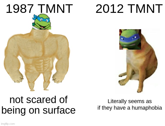 I'm not saying the 2012 TMNT are bad but realy dude. | 1987 TMNT; 2012 TMNT; not scared of being on surface; Literally seems as if they have a humaphobia | image tagged in memes,buff doge vs cheems,teenage mutant ninja turtles | made w/ Imgflip meme maker