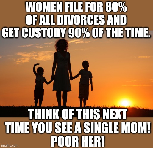 WOMEN FILE FOR 80% OF ALL DIVORCES AND GET CUSTODY 90% OF THE TIME. THINK OF THIS NEXT TIME YOU SEE A SINGLE MOM!
 POOR HER! | image tagged in single mom,single ladies,dating,relationships,politics,mgtow | made w/ Imgflip meme maker