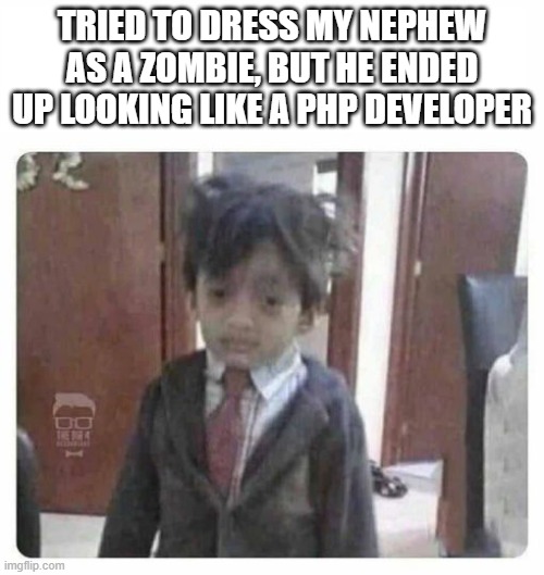 PHP DEVELOPER COSTUME | TRIED TO DRESS MY NEPHEW AS A ZOMBIE, BUT HE ENDED UP LOOKING LIKE A PHP DEVELOPER | image tagged in php,programmer,developer,web,meme | made w/ Imgflip meme maker