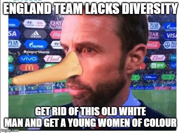 Gareth southgate, england, crap, will get knocked out next round | ENGLAND TEAM LACKS DIVERSITY; GET RID OF THIS OLD WHITE MAN AND GET A YOUNG WOMEN OF COLOUR | image tagged in gareth southgate england crap will get knocked out next round | made w/ Imgflip meme maker