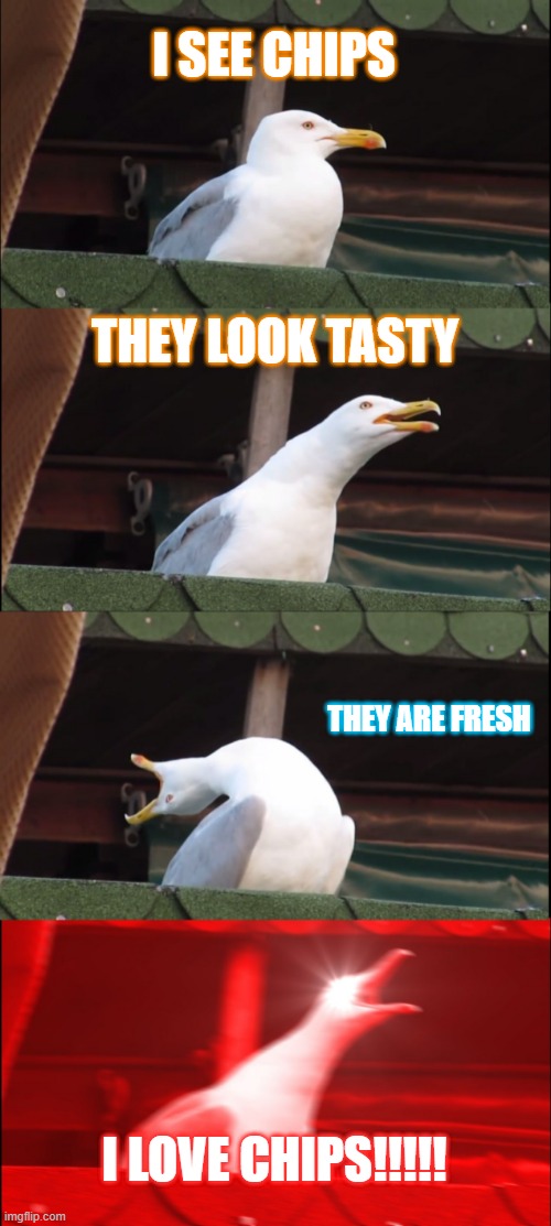 Inhaling Seagull Meme | I SEE CHIPS; THEY LOOK TASTY; THEY ARE FRESH; I LOVE CHIPS!!!!! | image tagged in memes,inhaling seagull | made w/ Imgflip meme maker