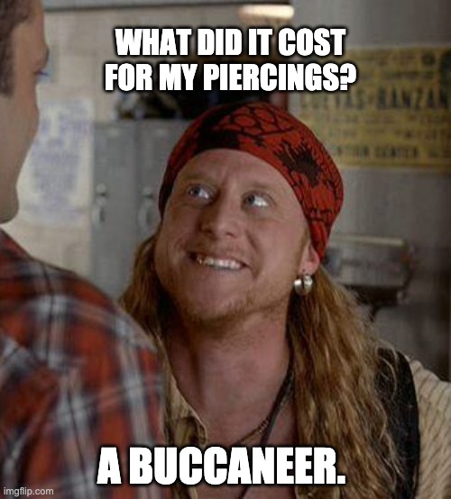 Pirate | WHAT DID IT COST FOR MY PIERCINGS? A BUCCANEER. | image tagged in pirate steve | made w/ Imgflip meme maker