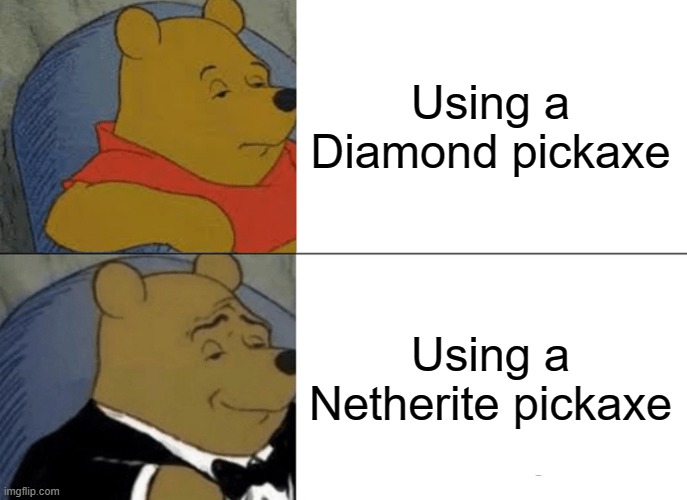 Tuxedo Winnie The Pooh Meme | Using a Diamond pickaxe; Using a Netherite pickaxe | image tagged in memes,tuxedo winnie the pooh | made w/ Imgflip meme maker