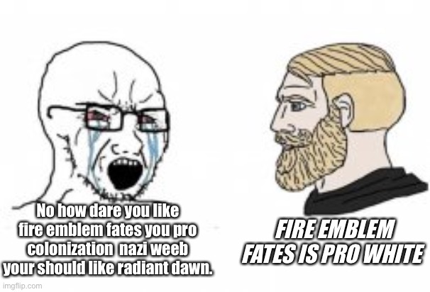 Fire emblem fates is based | FIRE EMBLEM FATES IS PRO WHITE; No how dare you like fire emblem fates you pro colonization  nazi weeb your should like radiant dawn. | image tagged in soyboy vs yes chad | made w/ Imgflip meme maker