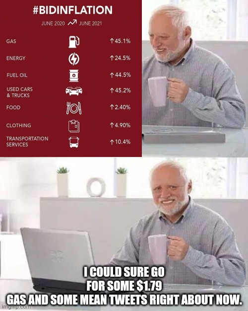 This inflation is extremely painful to the wallet. | I COULD SURE GO FOR SOME $1.79 GAS AND SOME MEAN TWEETS RIGHT ABOUT NOW. | image tagged in memes | made w/ Imgflip meme maker