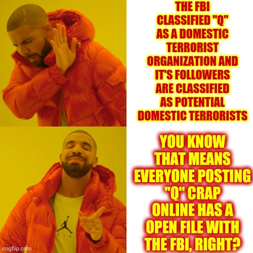 A Lesson In How Not To Get What You Say You Want | THE FBI CLASSIFIED "Q" AS A DOMESTIC TERRORIST ORGANIZATION AND IT'S FOLLOWERS ARE CLASSIFIED AS POTENTIAL DOMESTIC TERRORISTS; YOU KNOW THAT MEANS EVERYONE POSTING "Q" CRAP ONLINE HAS A OPEN FILE WITH THE FBI, RIGHT? | image tagged in memes,drake hotline bling,qanon,dumbasses,q,fbi investigation | made w/ Imgflip meme maker
