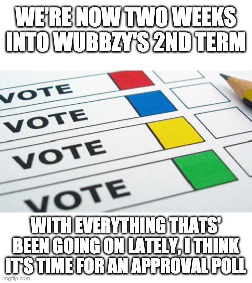 https://forms.office.com/r/9LXfmFCCHm | WE'RE NOW TWO WEEKS INTO WUBBZY'S 2ND TERM; WITH EVERYTHING THATS' BEEN GOING ON LATELY, I THINK IT'S TIME FOR AN APPROVAL POLL | made w/ Imgflip meme maker