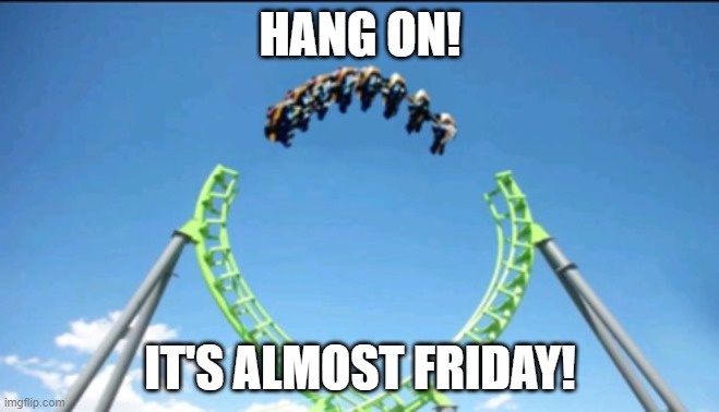 rollercoaster friday | HANG ON! IT'S ALMOST FRIDAY! | image tagged in friday,rollercoaster,hang on | made w/ Imgflip meme maker
