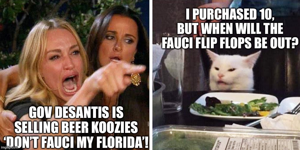 Gov. DeSantis Selling Beer Koozies & Tees ‘DONT FAUCI MY FLORIDA’! | I PURCHASED 10, BUT WHEN WILL THE FAUCI FLIP FLOPS BE OUT? GOV DESANTIS IS SELLING BEER KOOZIES ‘DON’T FAUCI MY FLORIDA’! | image tagged in smudge the cat,desantis,fauci flip flopper,free speech,dont fauci my florida,ron desantis | made w/ Imgflip meme maker