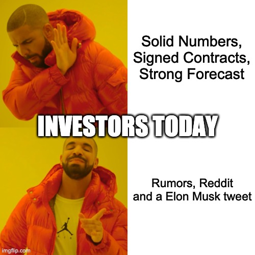 Investors today | Solid Numbers, Signed Contracts, Strong Forecast; INVESTORS TODAY; Rumors, Reddit and a Elon Musk tweet | image tagged in memes,drake hotline bling | made w/ Imgflip meme maker
