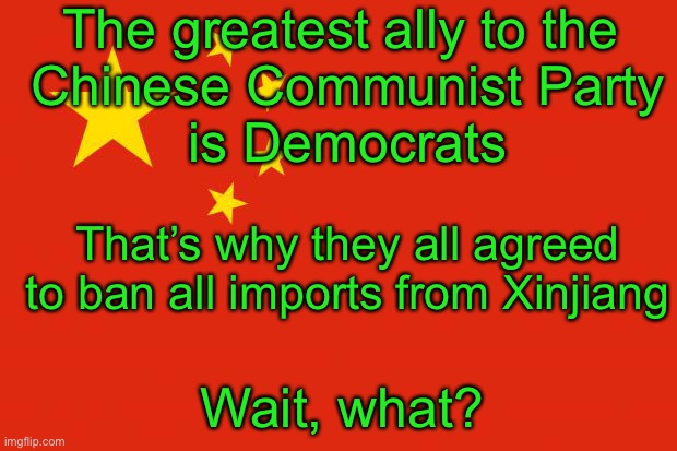 Screw Tariffs and Sanctions.  Let’s nip this in the bud. | The greatest ally to the 
Chinese Communist Party
 is Democrats; That’s why they all agreed to ban all imports from Xinjiang; Wait, what? | image tagged in china flag,uyghur,china,democrats,senate | made w/ Imgflip meme maker