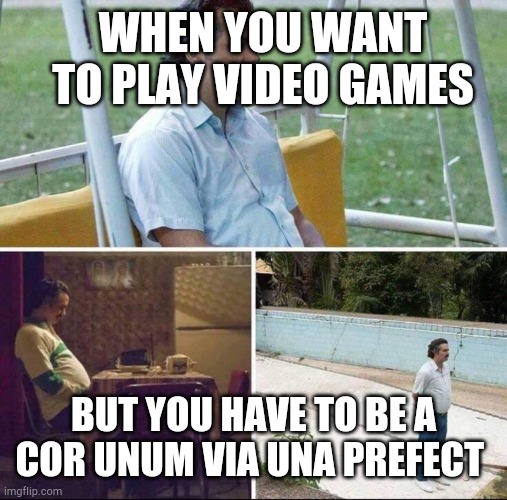 The cor unum via una holds me back | WHEN YOU WANT TO PLAY VIDEO GAMES; BUT YOU HAVE TO BE A COR UNUM VIA UNA PREFECT | image tagged in pablo escobar waiting | made w/ Imgflip meme maker