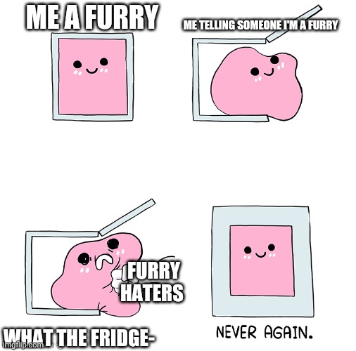 Pink Blob In the Box | ME A FURRY; ME TELLING SOMEONE I'M A FURRY; FURRY HATERS; WHAT THE FRIDGE- | image tagged in pink blob in the box,my life | made w/ Imgflip meme maker