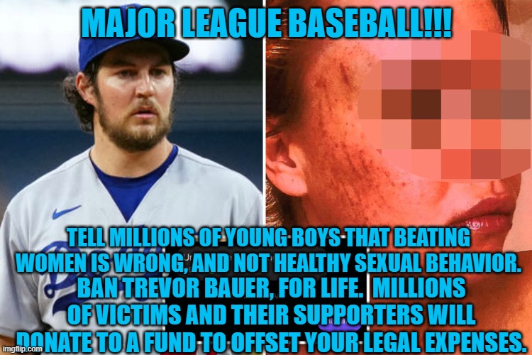Do what we all know is the right thing to do. | MAJOR LEAGUE BASEBALL!!! TELL MILLIONS OF YOUNG BOYS THAT BEATING WOMEN IS WRONG, AND NOT HEALTHY SEXUAL BEHAVIOR. BAN TREVOR BAUER, FOR LIFE.  MILLIONS OF VICTIMS AND THEIR SUPPORTERS WILL DONATE TO A FUND TO OFFSET YOUR LEGAL EXPENSES. | image tagged in sports | made w/ Imgflip meme maker