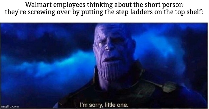 Thanos I'm sorry little one |  Walmart employees thinking about the short person they're screwing over by putting the step ladders on the top shelf: | image tagged in thanos i'm sorry little one,walmart,short people,memes | made w/ Imgflip meme maker