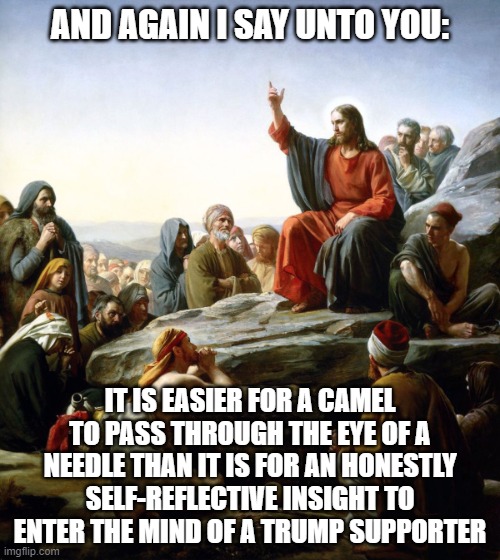 You Can't Be Honest With Anyone Else About Anything If You're Not First Honest With Yourself About Yourself | AND AGAIN I SAY UNTO YOU:; IT IS EASIER FOR A CAMEL TO PASS THROUGH THE EYE OF A NEEDLE THAN IT IS FOR AN HONESTLY SELF-REFLECTIVE INSIGHT TO ENTER THE MIND OF A TRUMP SUPPORTER | image tagged in jesus sermon on the mount,jesus,maga,lies,dishonesty,lack of self-awareness | made w/ Imgflip meme maker