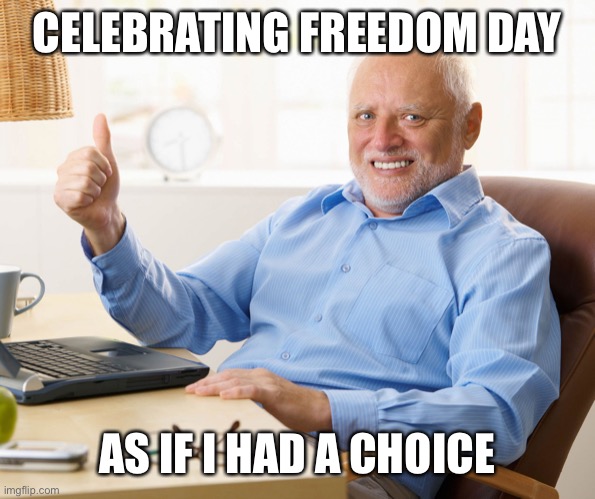 Freedom Day Harold | CELEBRATING FREEDOM DAY; AS IF I HAD A CHOICE | image tagged in hide the pain harold,freedom,work,office | made w/ Imgflip meme maker