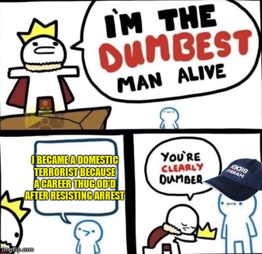Dumbest Man Alive Blank | I BECAME A DOMESTIC TERRORIST BECAUSE A CAREER THUG OD'D AFTER RESISTING ARREST | image tagged in dumbest man alive blank | made w/ Imgflip meme maker
