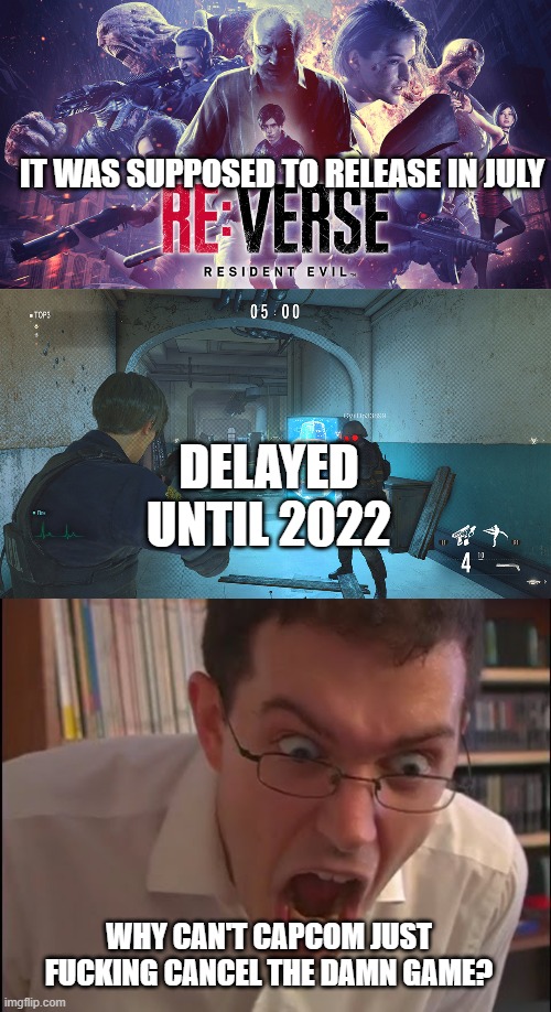 IT WAS SUPPOSED TO RELEASE IN JULY; DELAYED UNTIL 2022; WHY CAN'T CAPCOM JUST FUCKING CANCEL THE DAMN GAME? | image tagged in avgn,resident evil,ass | made w/ Imgflip meme maker