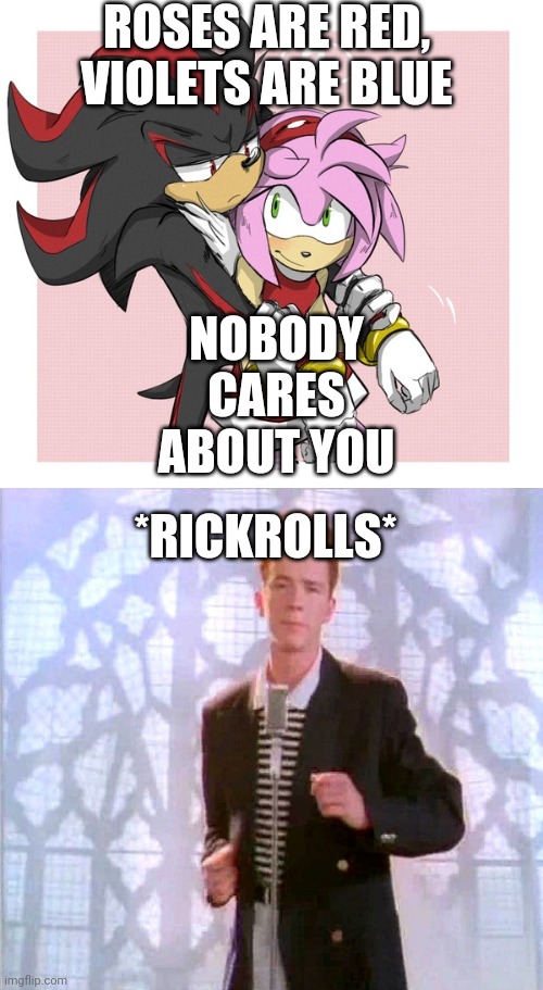 Rickrolls!!!!1!1!1!!!!!1!1!1!1!1!!!!!!! | ROSES ARE RED, VIOLETS ARE BLUE; NOBODY CARES ABOUT YOU; *RICKROLLS* | image tagged in roses are red violets are are blue | made w/ Imgflip meme maker