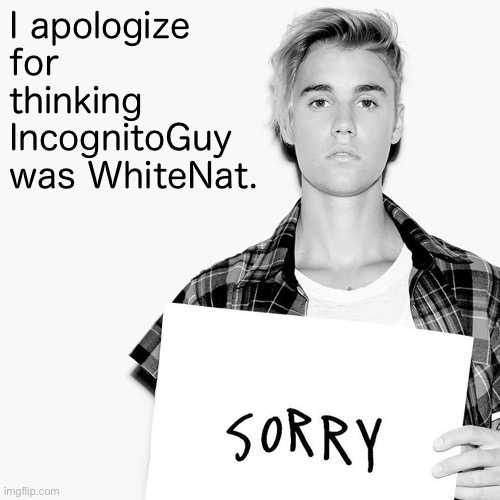 Apology inside. | I apologize for thinking IncognitoGuy was WhiteNat. | image tagged in justin bieber sorry,incognitoguy,whitenat,sorry,i'm sorry,never too late | made w/ Imgflip meme maker