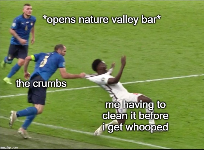 nature valley bars be like | *opens nature valley bar*; the crumbs; me having to clean it before i get whooped | image tagged in chiellini italy england euro 2020 | made w/ Imgflip meme maker