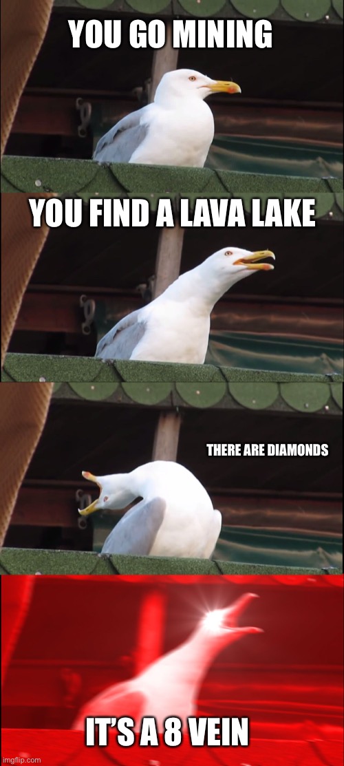 Inhaling Seagull Meme | YOU GO MINING; YOU FIND A LAVA LAKE; THERE ARE DIAMONDS; IT’S A 8 VEIN | image tagged in memes,inhaling seagull | made w/ Imgflip meme maker