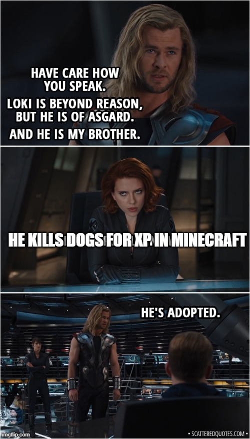 No one else has used this meme template before as far as I'm concerned | HE KILLS DOGS FOR XP IN MINECRAFT | image tagged in he's adopted,minecraft | made w/ Imgflip meme maker
