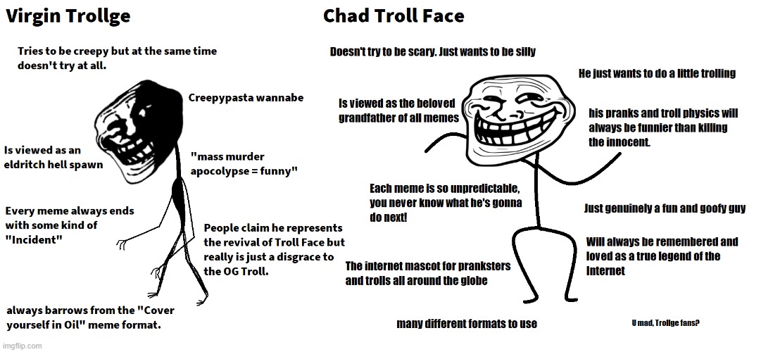 PLEASE just let Trollge die already and revive Rage Comics until the end of time! | image tagged in trollge,troll face,memes,virgin vs chad | made w/ Imgflip meme maker