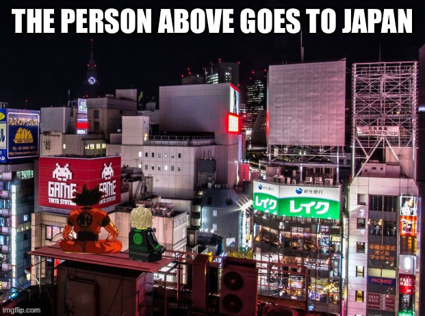 Goku and Lloyd chilling | THE PERSON ABOVE GOES TO JAPAN | image tagged in goku and lloyd chilling | made w/ Imgflip meme maker