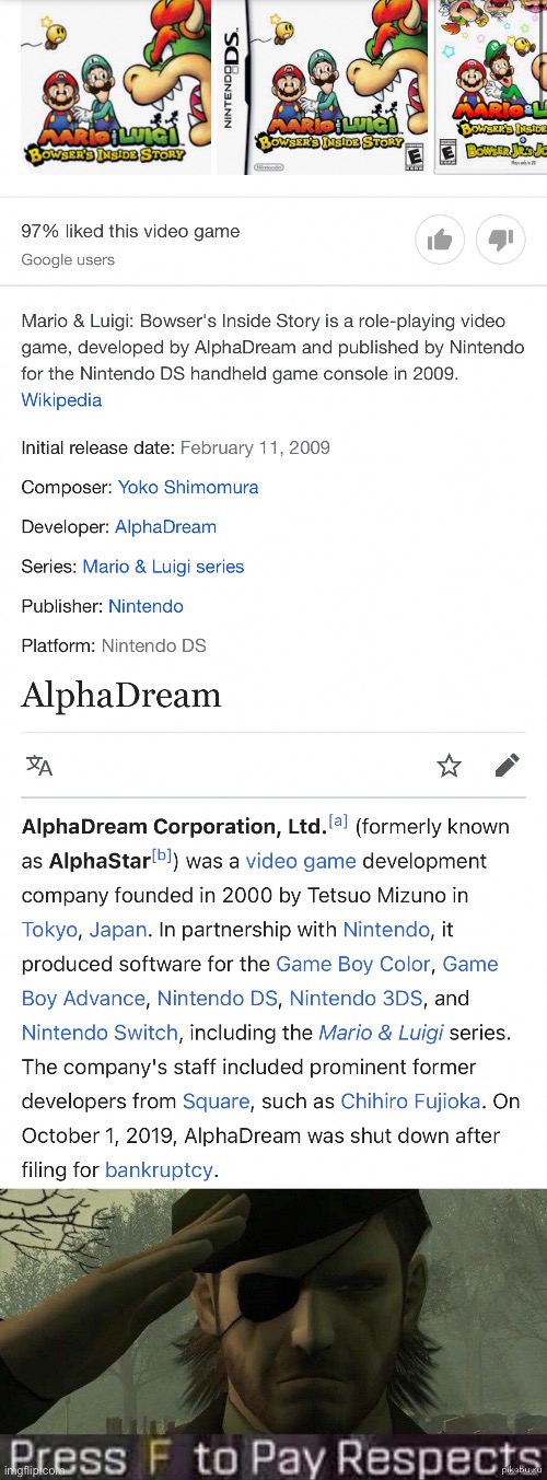 Mario and Luigi Bowser’s Inside Story is one of the best Mario games I have played so far | image tagged in press f to pay repects | made w/ Imgflip meme maker