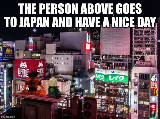 Goku and Lloyd chilling | THE PERSON ABOVE GOES TO JAPAN AND HAVE A NICE DAY | image tagged in goku and lloyd chilling | made w/ Imgflip meme maker