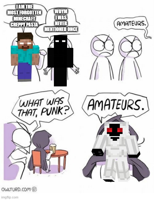 nobody remembers null or entity 303 anymore | I AM THE MOST FORGOTTEN MINECRAFT CREPPY PASTA; WDYM I WAS NEVER MENTIONED ONCE | image tagged in minecraft | made w/ Imgflip meme maker