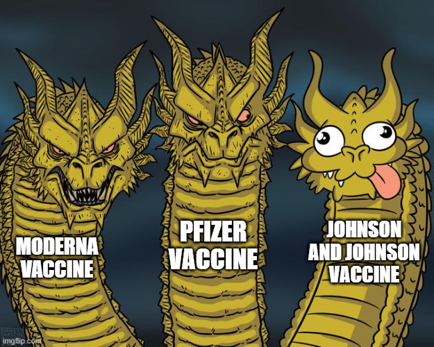 Get Your Vaccine! | PFIZER VACCINE; JOHNSON AND JOHNSON VACCINE; MODERNA VACCINE | image tagged in three-headed dragon | made w/ Imgflip meme maker
