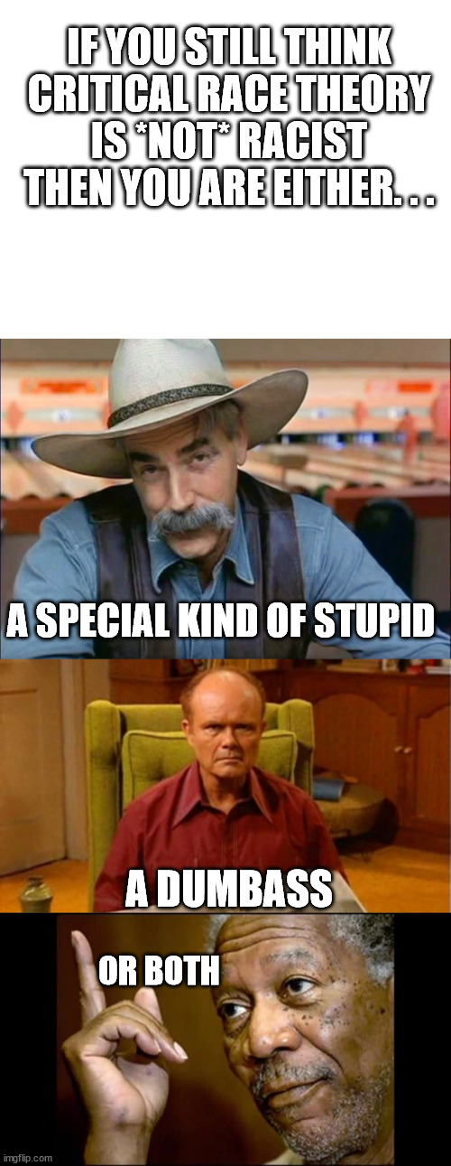 Just calling it as I see it. Also try to imagine the actors saying the lines. | IF YOU STILL THINK CRITICAL RACE THEORY IS *NOT* RACIST THEN YOU ARE EITHER. . . A SPECIAL KIND OF STUPID; A DUMBASS; OR BOTH | image tagged in sam elliott special kind of stupid,red forman dumbass,morgan freeman pointing up,critical race theory,passive aggressive racism | made w/ Imgflip meme maker