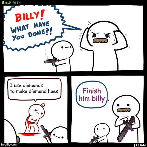 What plays in my mind whenever i see a diamond hoe | I use diamonds to make diamond hoes; Finish him billy | image tagged in billy what have you done | made w/ Imgflip meme maker